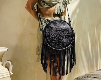 Boho Round Leather Fringe Purse, Cross body Bag with Fringes