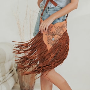 Bohemian Leather Fringe Purse, Tooled Crossbody Bag, Western Bag