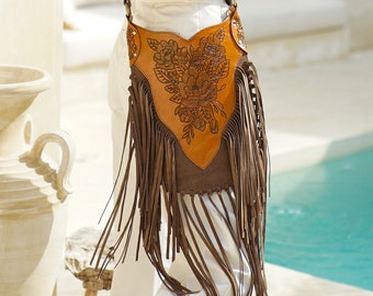 Bohemian Purse Leather Fringe Carved Crossbody, Tooled Purse, Festival Bag