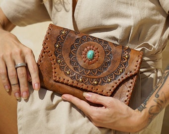 Leather tooled Wallet, boho clutch, brown wallet