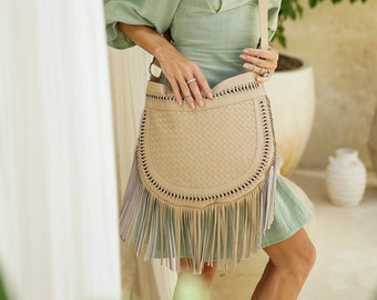 Leather Fringe Cross body Purse, Boho Leather Bag