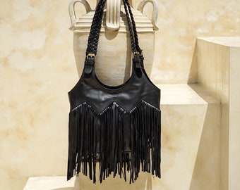 Black Fringe Shoulder Bag, Western Purse, Boho Purse