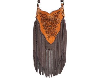 Bohemian Purse Leather Fringe Carved Crossbody, Tooled Purse, Festival Bag