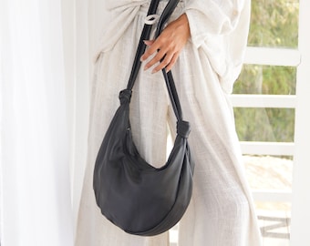 Black leather crossbody bag, Soft leather handbag, black leather shoulder bag