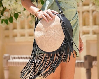 Boho Round Leather Fringe Purse, Cross body Bag with Fringes Black