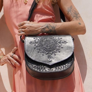 Hand tooled leather boho cross body bag for women