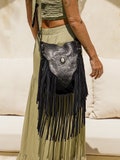 Black Bohemian Purse Leather Fringe Carved Crossbody, Tooled Purse product logo