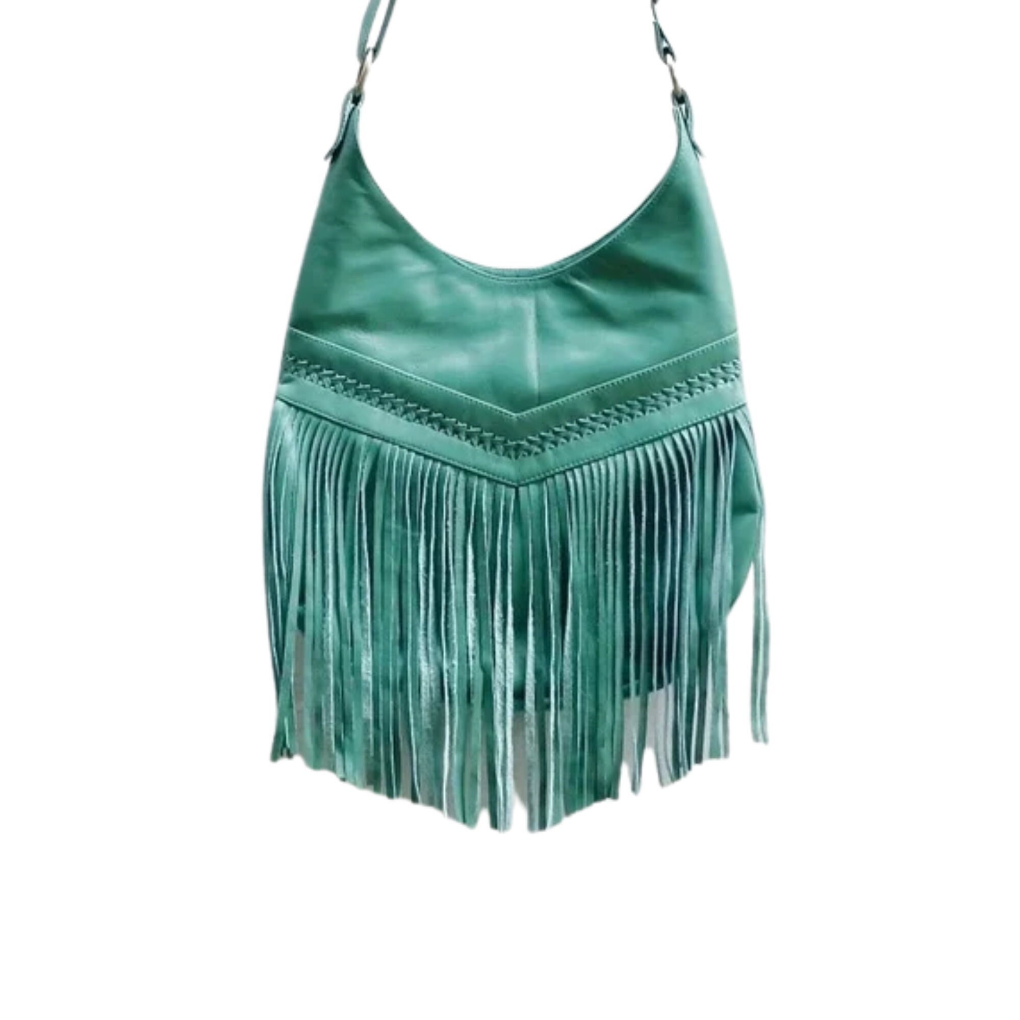 Teal Beaded Boho Braided Leather Fringe Bag