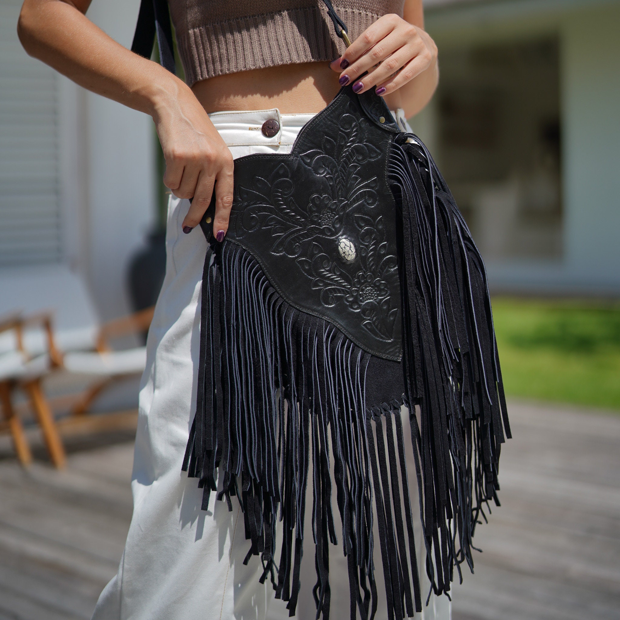 Black Bohemian Purse Leather Fringe Carved Crossbody Tooled 