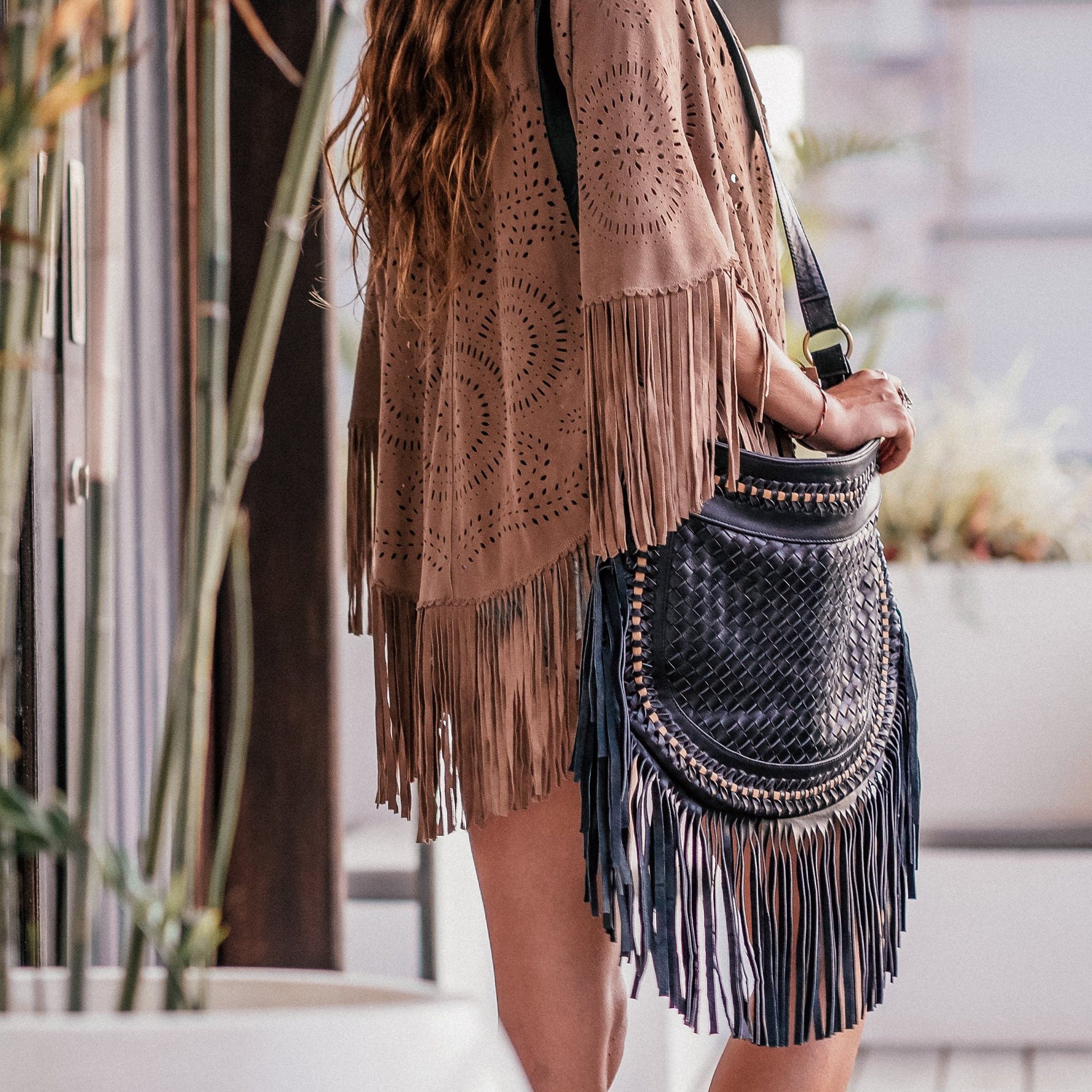 Barcelona - Medium, Crossbody, Boho Fringe, Authentic Vintage Black / Plain