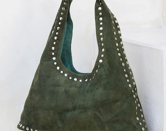 Green Suede Leather Shoulder Bag with Silver Studs