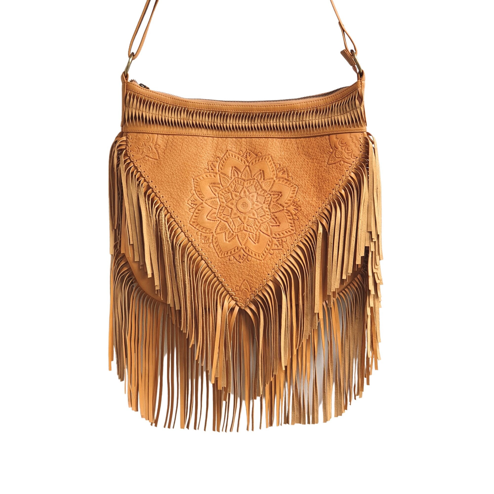 13-Point Bolt and Honeycomb Tooled Leather Fringe Bag