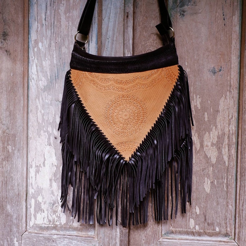Tooled Leather Fringe Purse Boho Leather Crossbody Bag Etsy