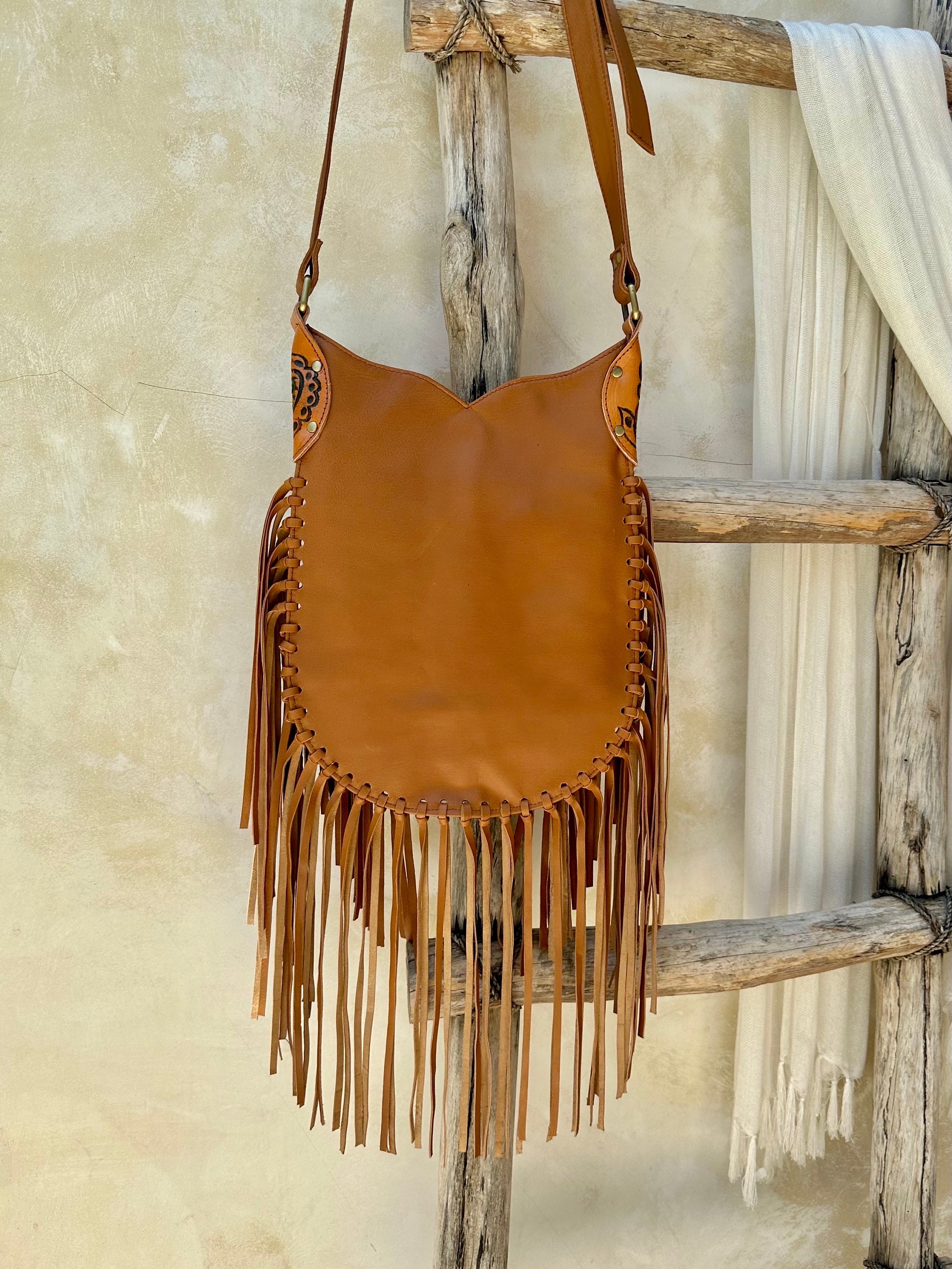 Bohemian Purse Leather Fringe Carved Crossbody, Tooled Purse