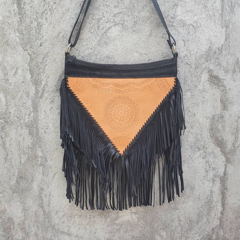 Tooled Leather Fringe Purse Boho Leather Crossbody Bag Etsy