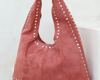 Coral Suede Leather Shoulder Bag: Studded Boho Chic