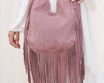 Soft Pink Leather Suede Crossbody Fringe Purse, Boho Bag