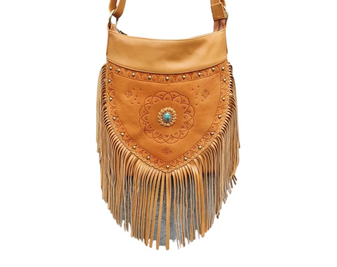 Bohemian Leather Tooled Purse, Festival Fringe Crossbody Bag