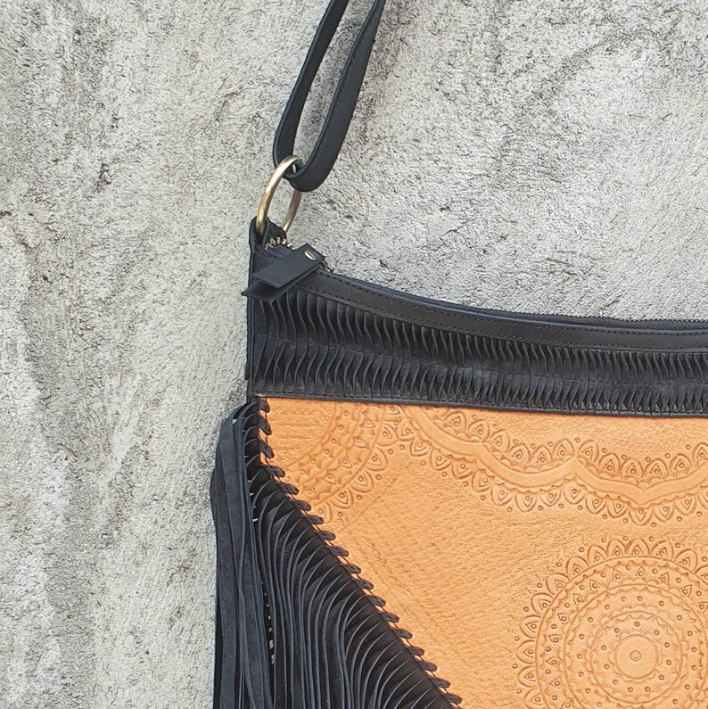 Tooled Leather Fringe Purse Boho Leather Crossbody Bag Etsy