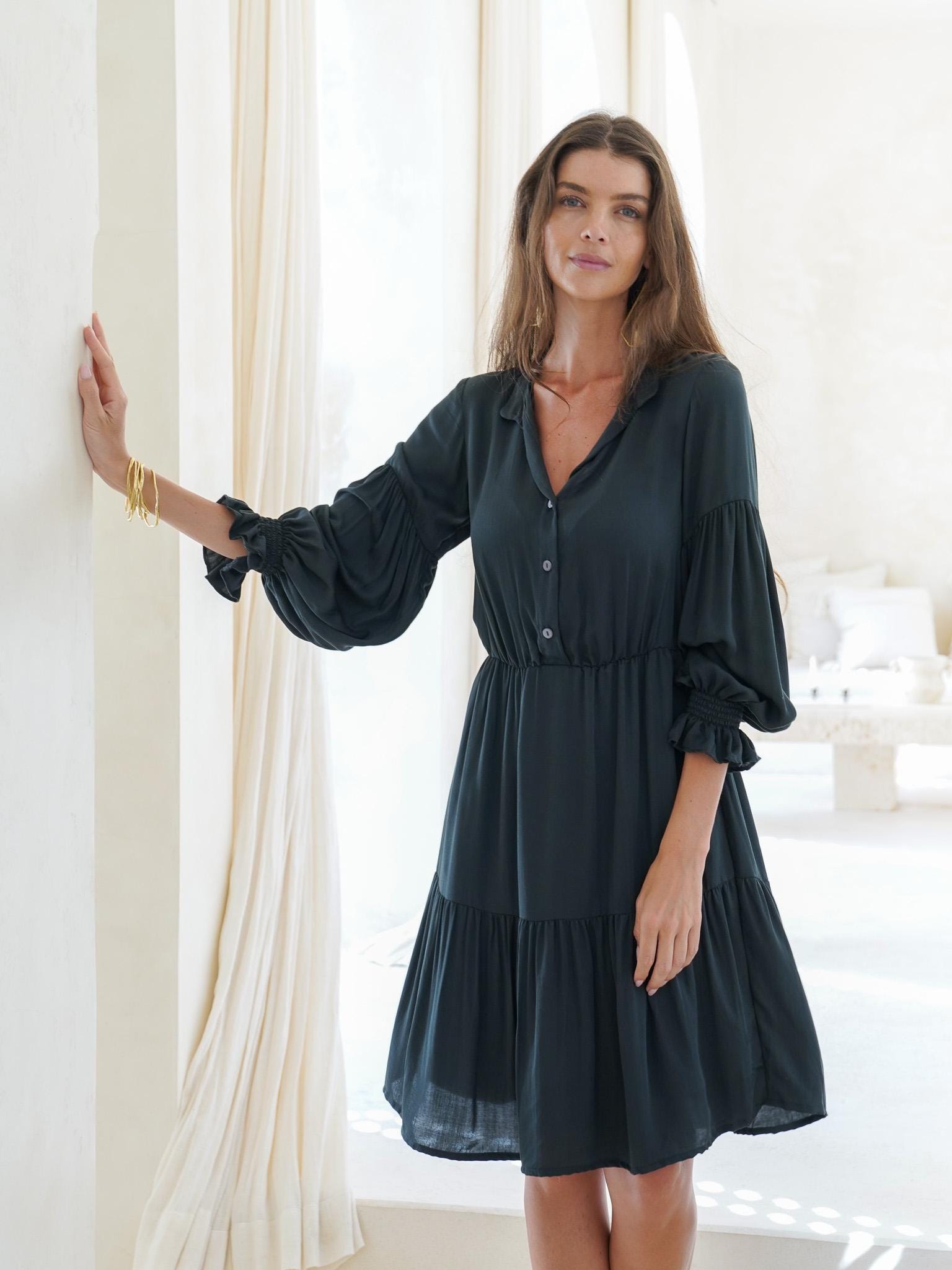 Boho Flowy Midi Dress with Elastic Sleeves