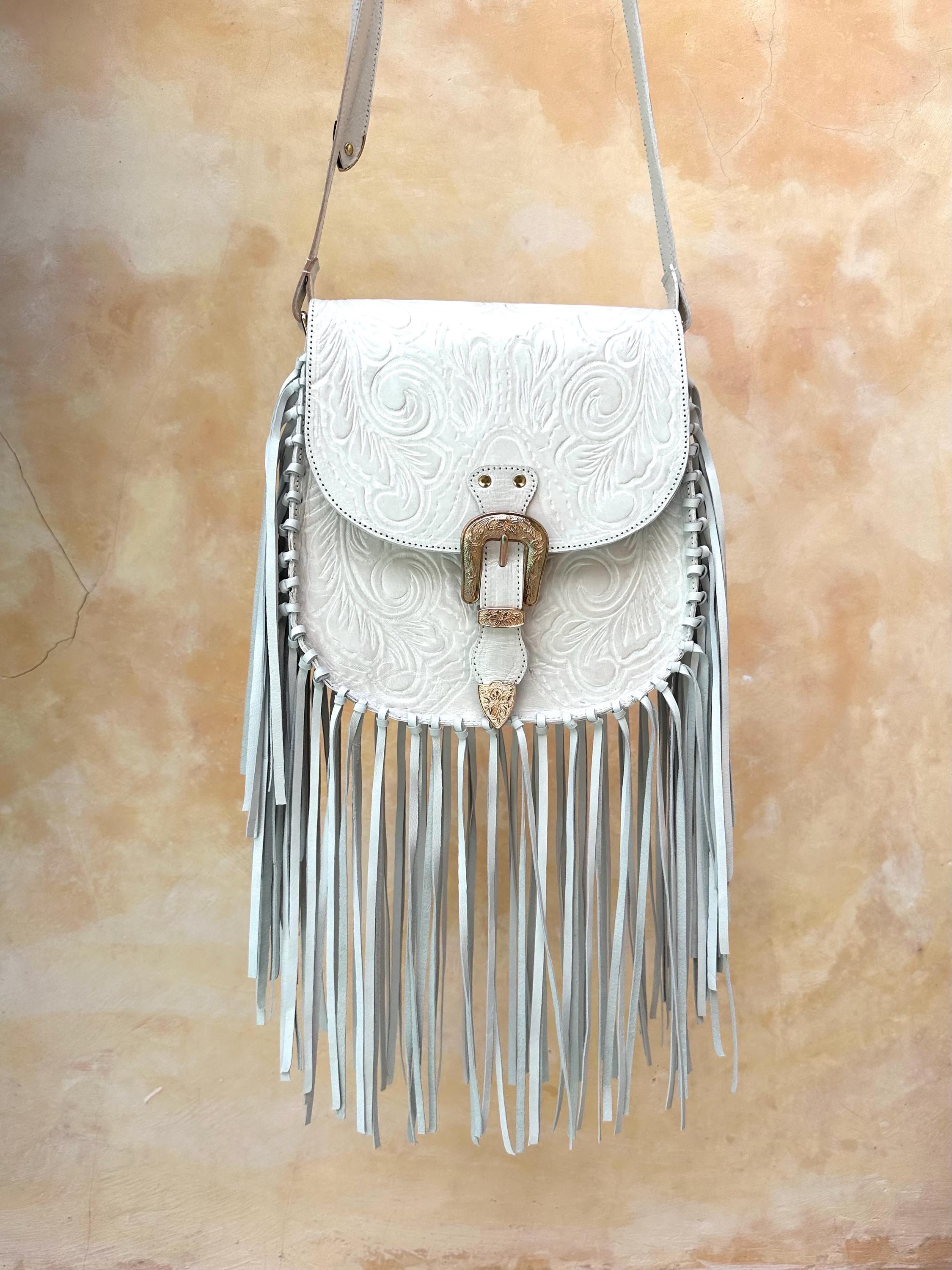 Beautiful White and Black Fringe Purse White Western Hand Tooled Leather Fringe Crossbody Bag, Boho  main image 3