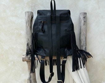 black leather fringe backpack THE MOMENT Leather Fringe Backpack