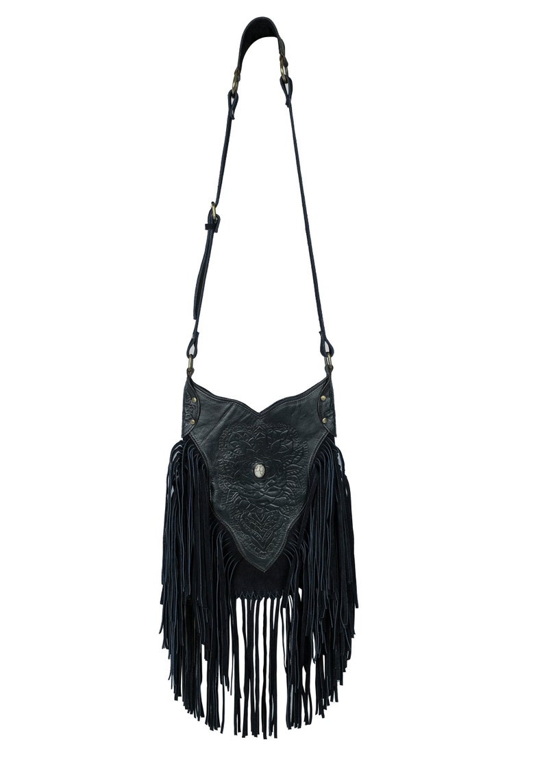 Black Bohemian Purse Leather Fringe Carved Crossbody Tooled Etsy