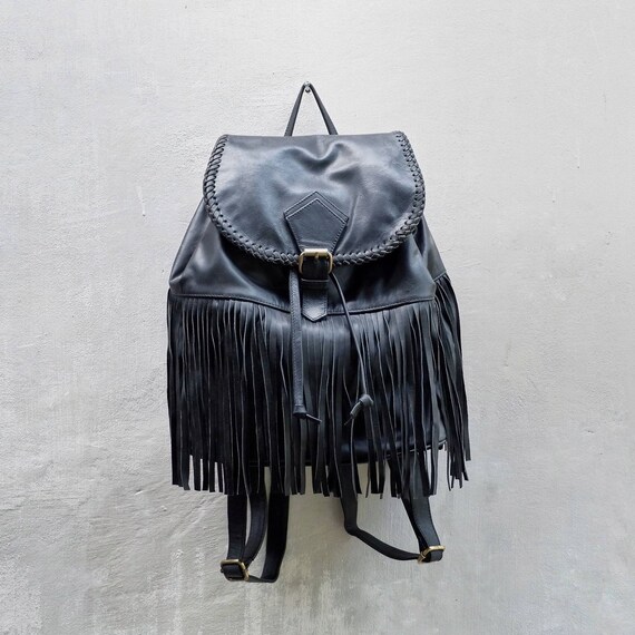 black leather fringe backpack