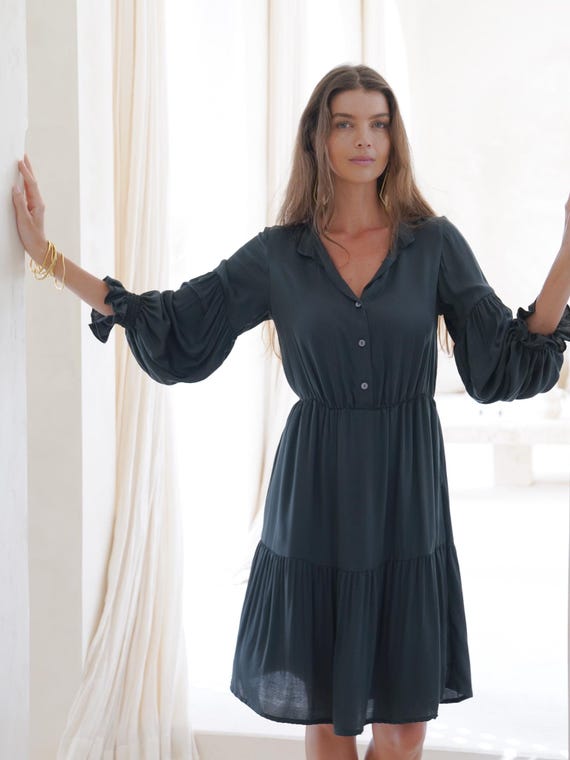 flowy elastic midi dress Boho with Sleeves Womens dresses