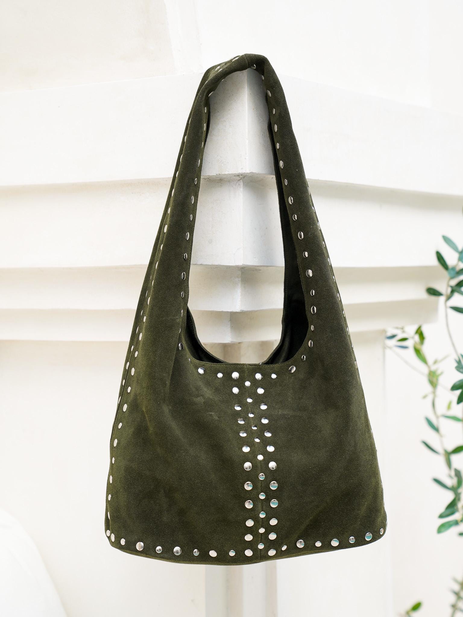 Green Suede Leather Shoulder Bag: Silver Studded Hobo Purse - Etsy