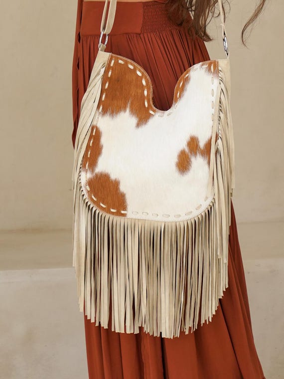 Suede Leather Crossbody Fringe Purse, Cow Hide Leather Bag