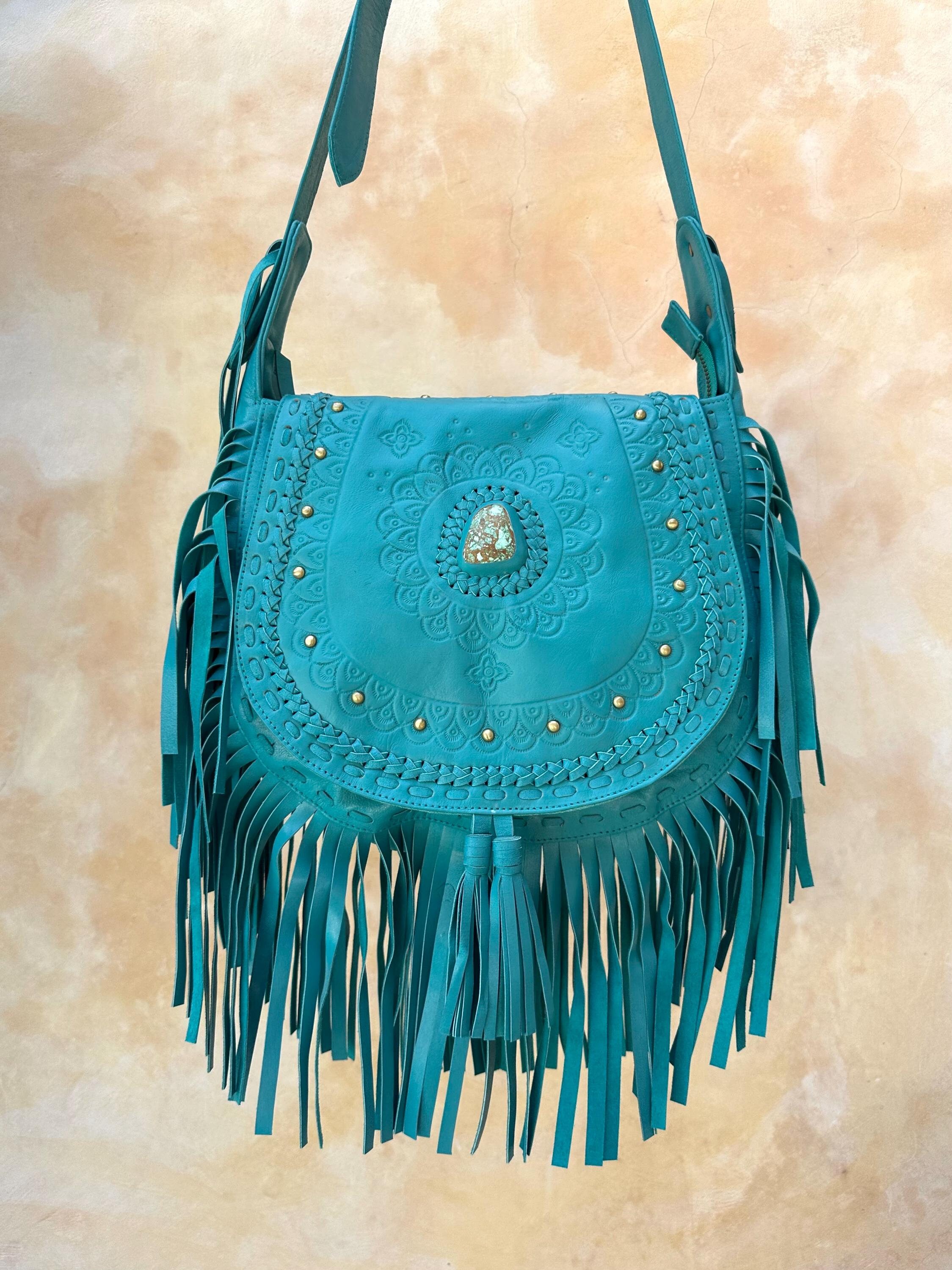 New LL Leathers in Leather Crossbody Bag Teal Green Whipstitch Boho Saddle Bag The Luna Crossbody Leather Bag | MBH Leather main image 4