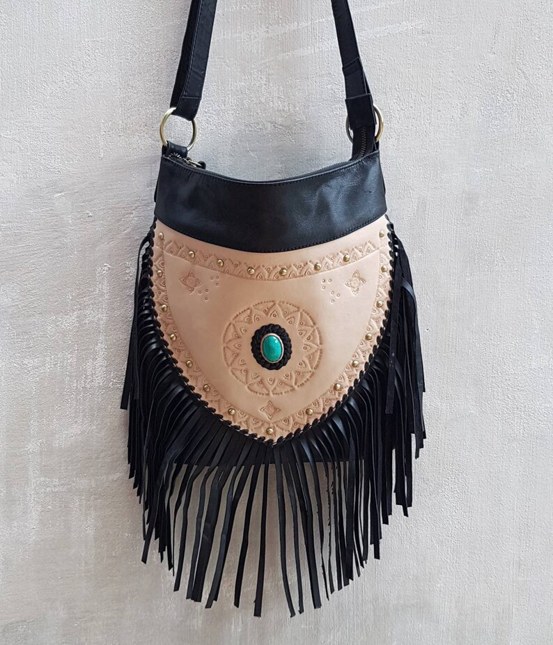 Leather Tooled Fringe Purse Crossbody Bag Etsy