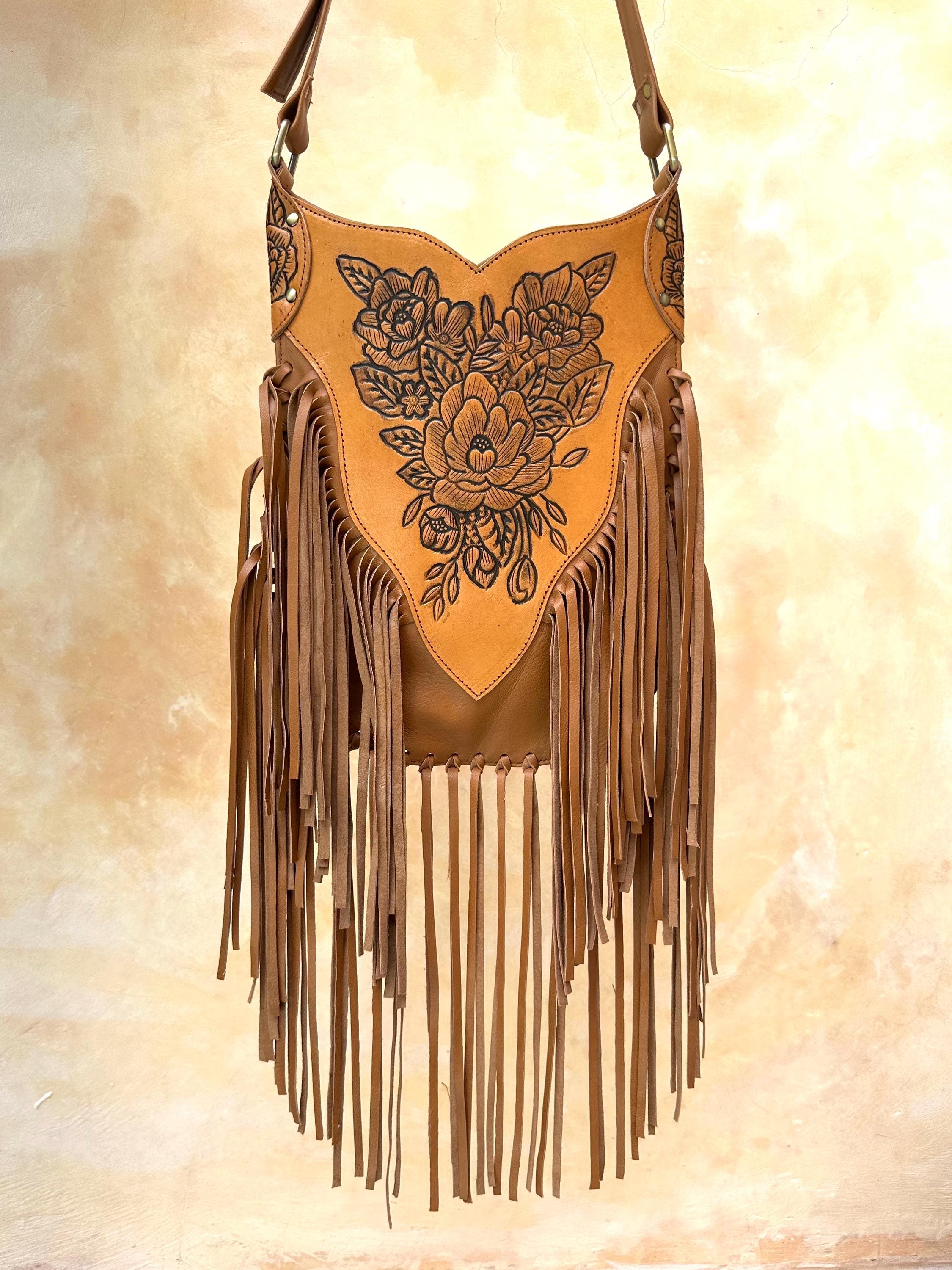 Boho Fringe Purse, Leather Carved Crossbody, Tooled Purse 
