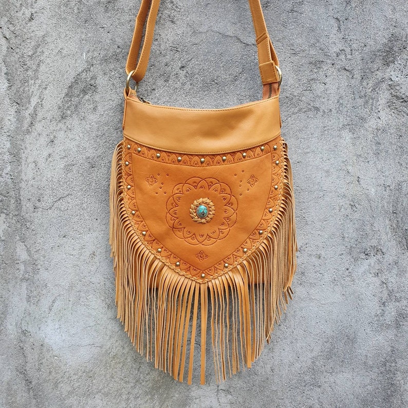 Bohemian Leather Tooled Purse Festival Fringe Crossbody Bag Etsy