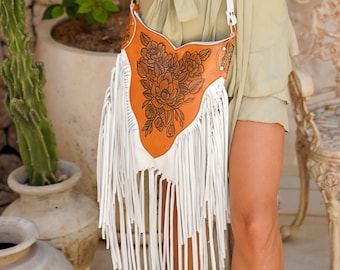 Boho White Leather Fringe Tooled Purse, Western Purse