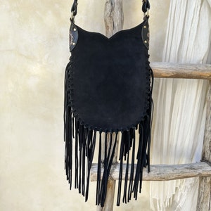 Black Leather Fringe Purse, Carved Crossbody Bag, Tooled Purse image 9