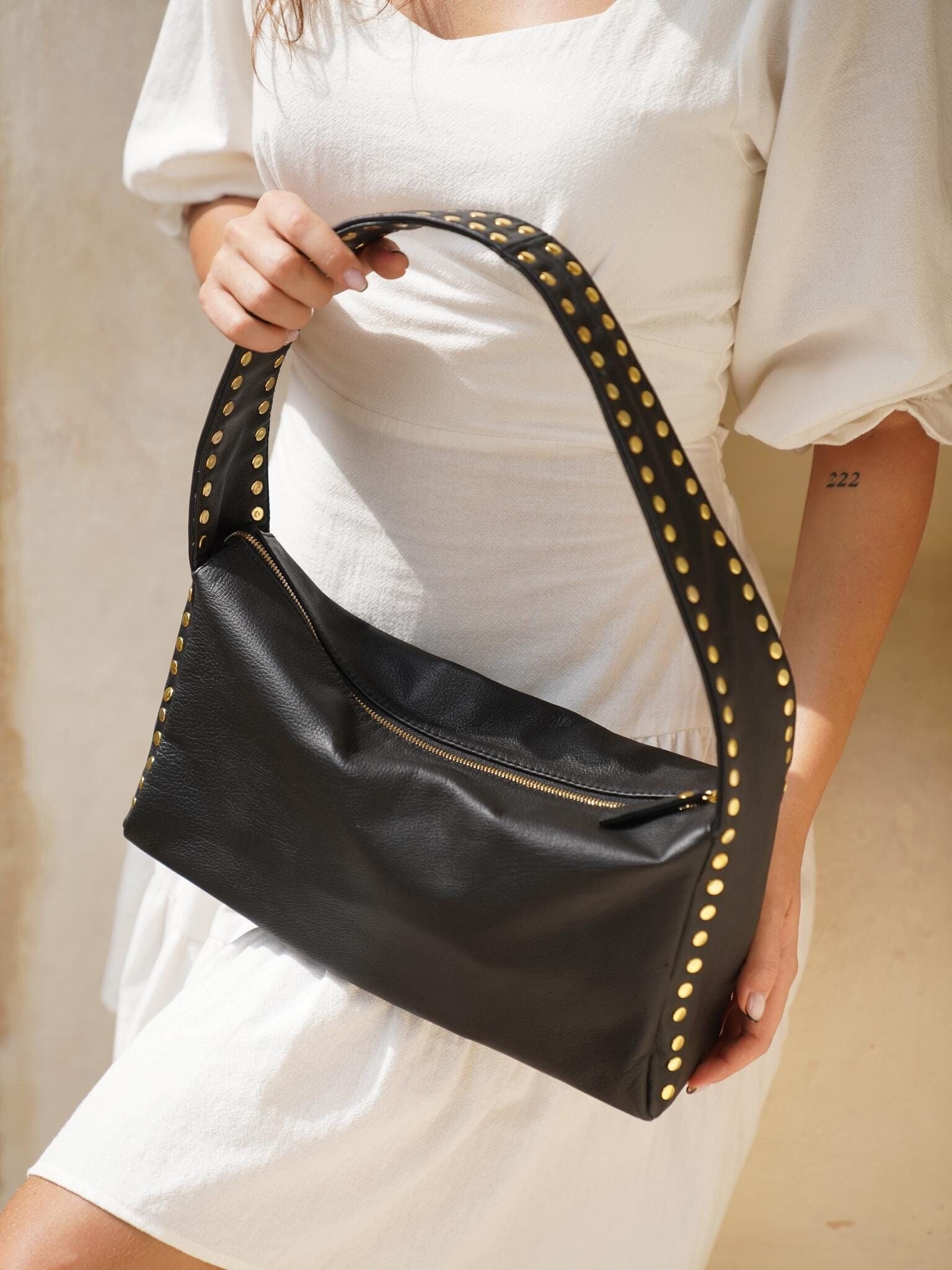 Buy Women Studded Black Leather Shoulder Bags, Gold Color Studded