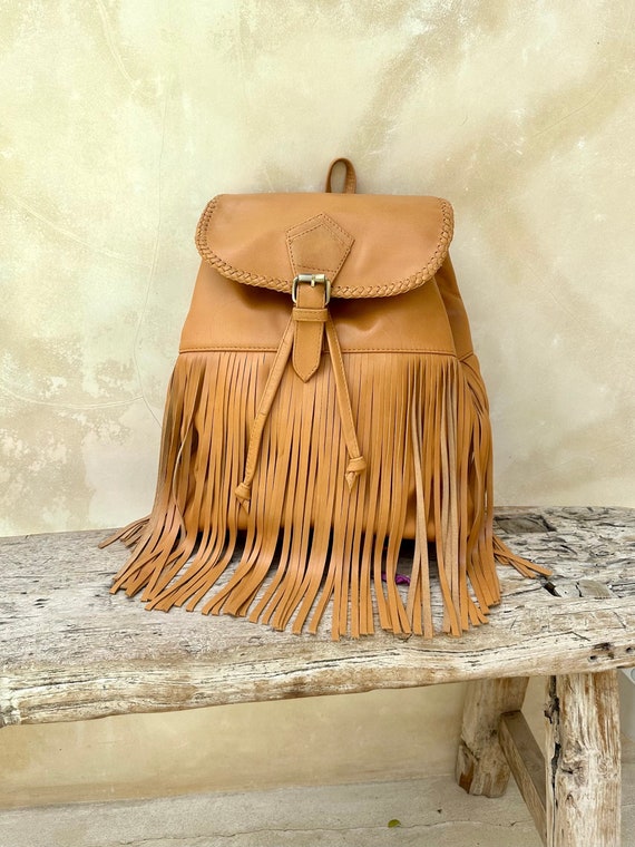 Buy Tan Leather Fringe Backpack Women s Backpack Small Travel Bag Online in India Etsy