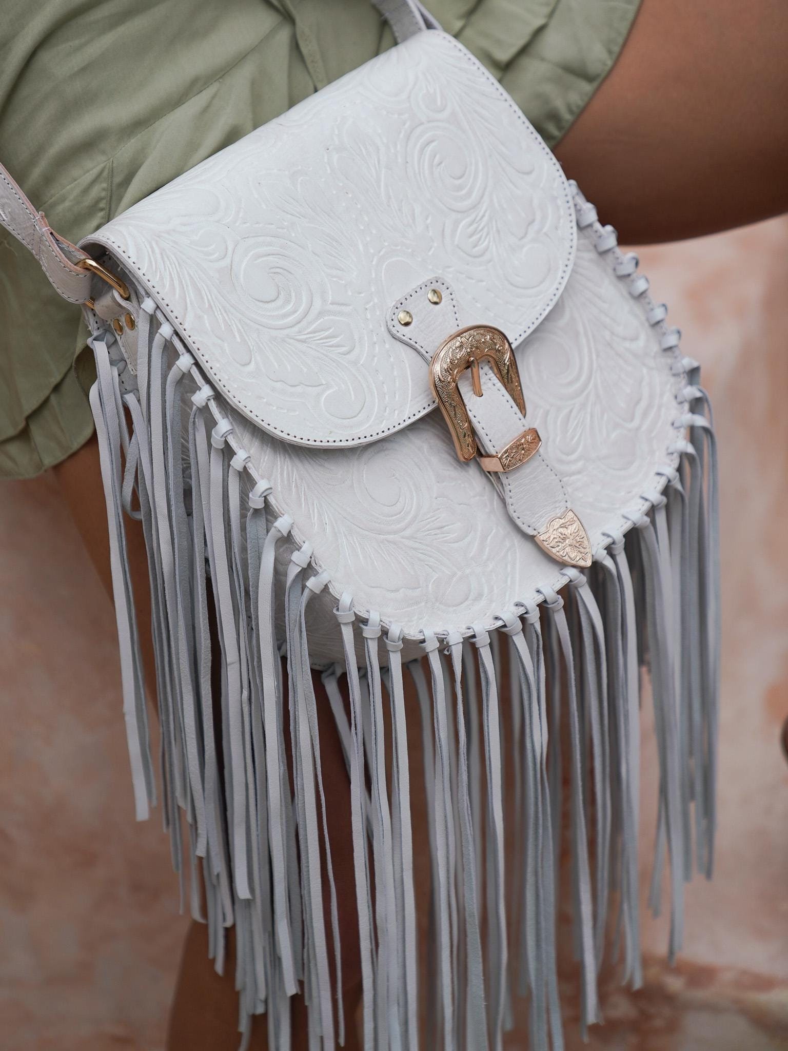 White Western Hand Tooled Leather Fringe Crossbody Bag, Boho 