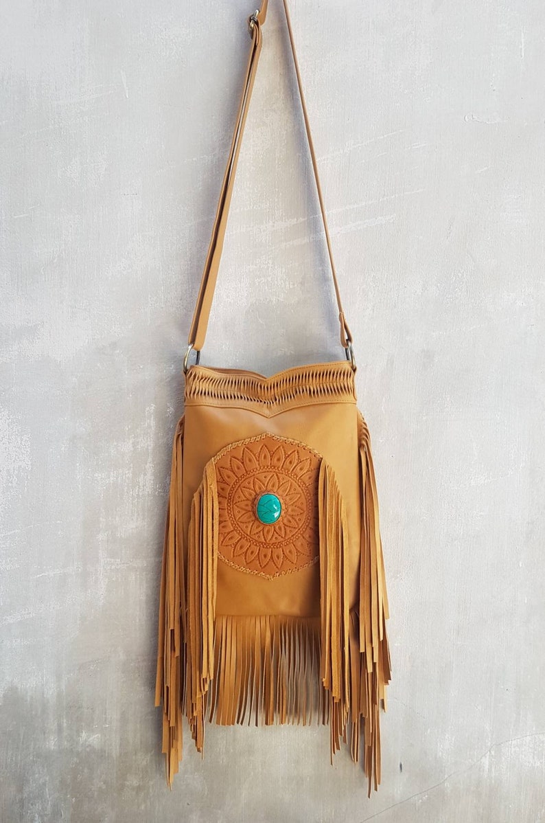 Bohemian Crossbody Tan Tooled Leather Fringe Bag | Etsy