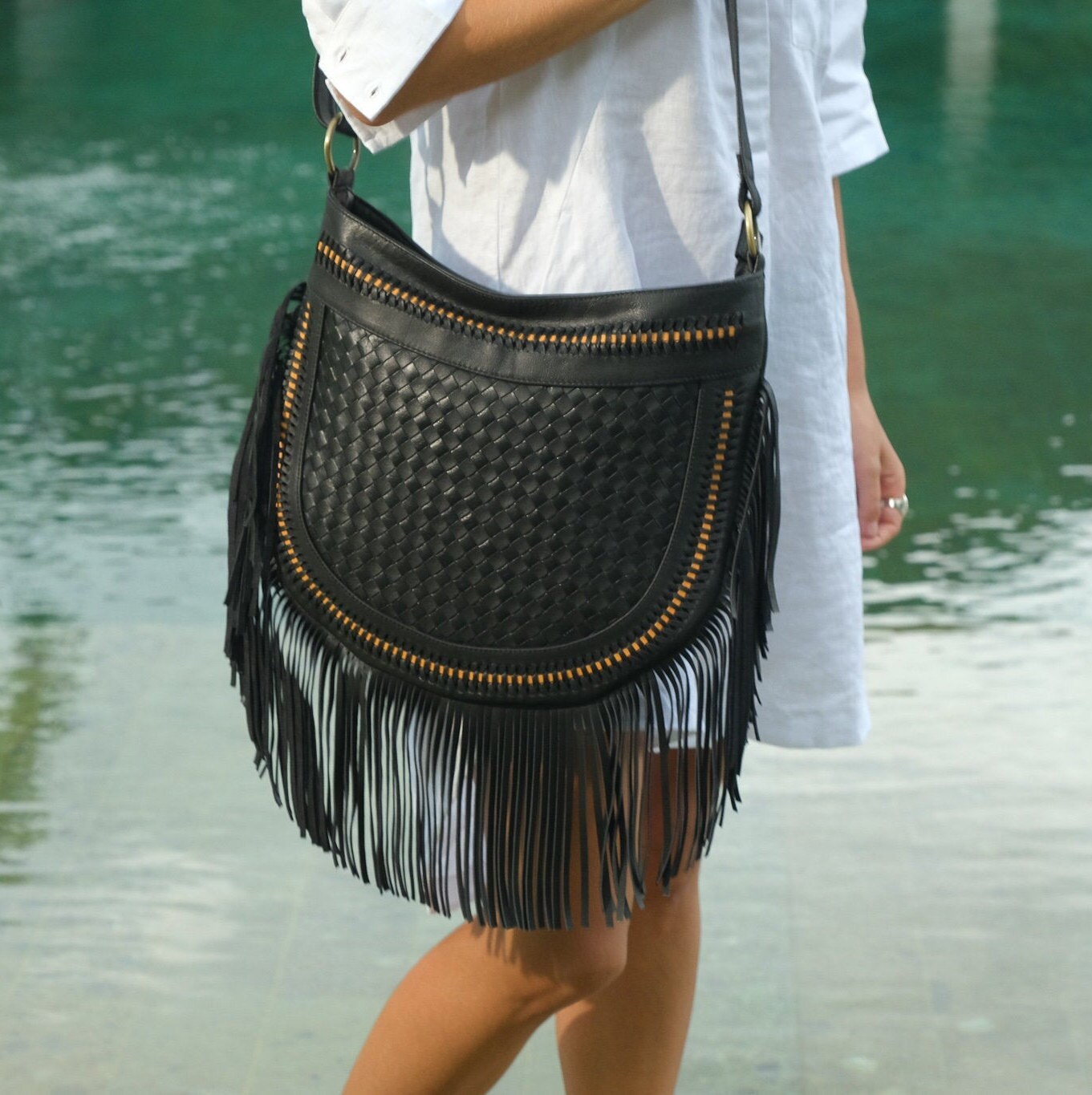 Womens Boho Black Fringe Crossbody Purse Vegan Leather Hippie Bags, Black