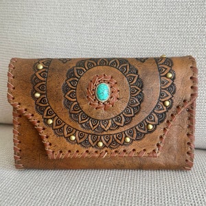 Leather tooled Wallet, boho clutch, brown wallet