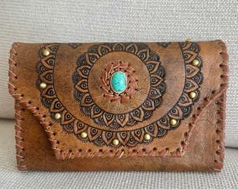 Leather tooled Wallet, boho clutch, brown wallet