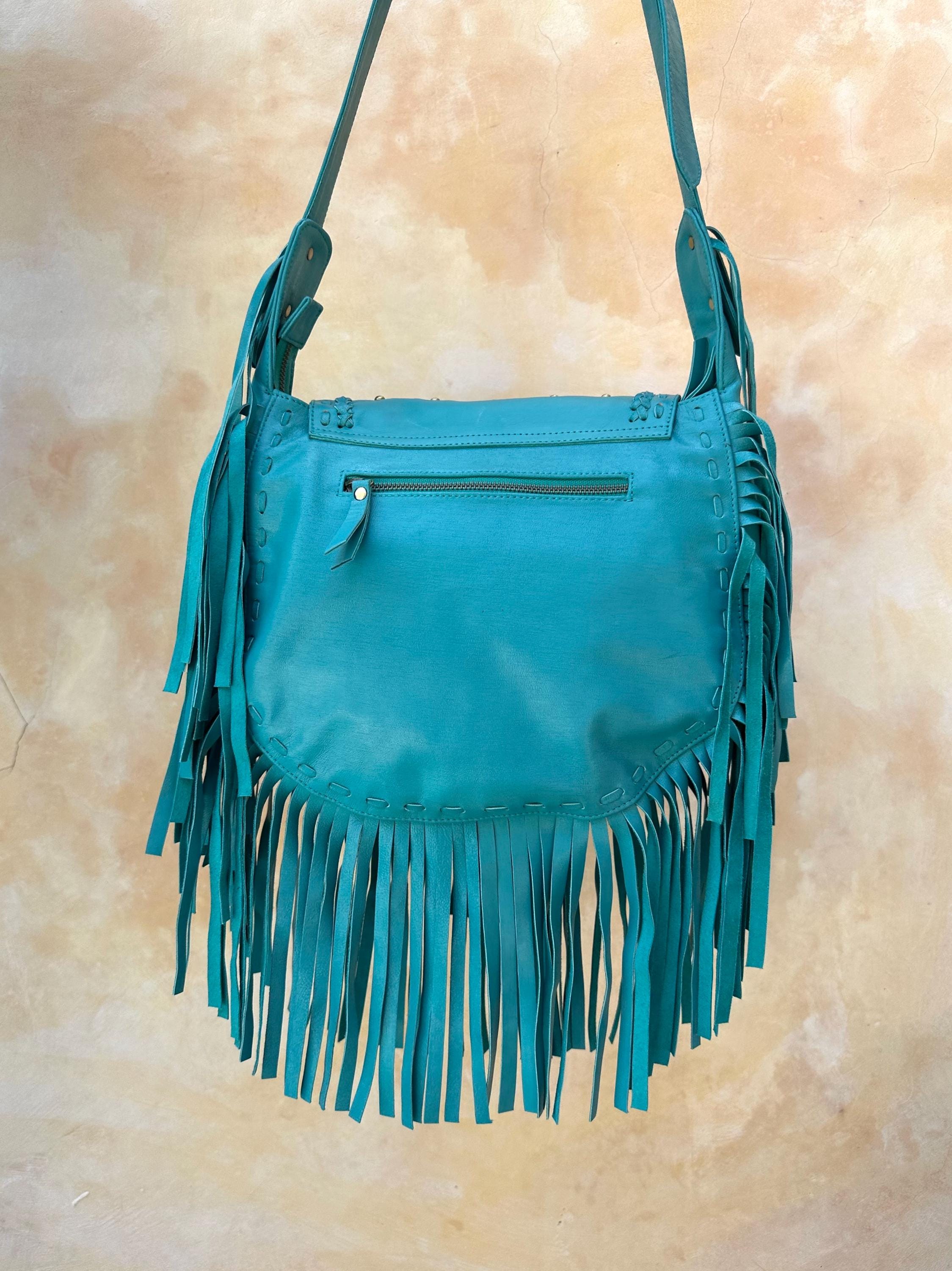 Turquoise Tooled Leather Boho Crossbody Purse, Western Bag, Fringe