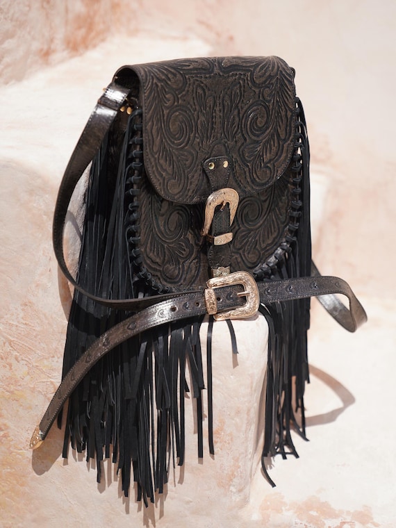 Black/brown Antique Western Hand Tooled Leather Fringe Crossbody