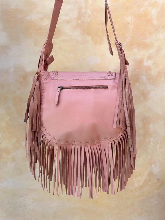 Pink Boho Cross Body Fringe Purse, Tooled Leather Bag for