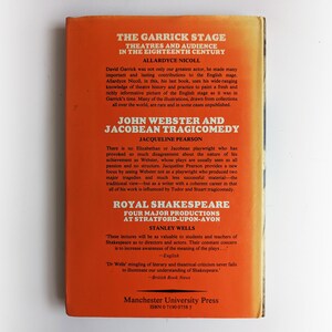 May include: A red book cover with the title "The Garrick Stage: Theatres and Audience in the Eighteenth Century" by Allardyce Nicoll. The book also features the titles "John Webster and Jacobean Tragicomedy" by Jacqueline Pearson and "Royal Shakespeare: Four Major Productions at Stratford-upon-Avon" by Stanley Wells. The book is published by Manchester University Press.