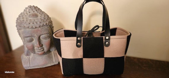 Small Woven Merino Wool Bucket Handbag.  Black and Tan