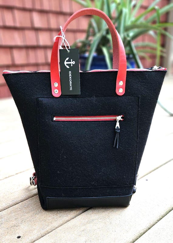 3mm Merino Wool Backpack.  Black Wool, red leather handles, black leather bottom.